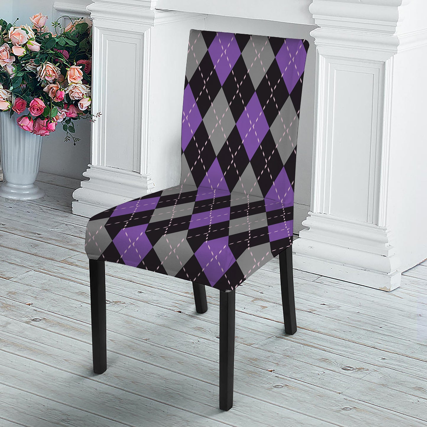 Black Grey And Purple Argyle Print Dining Chair Slipcover