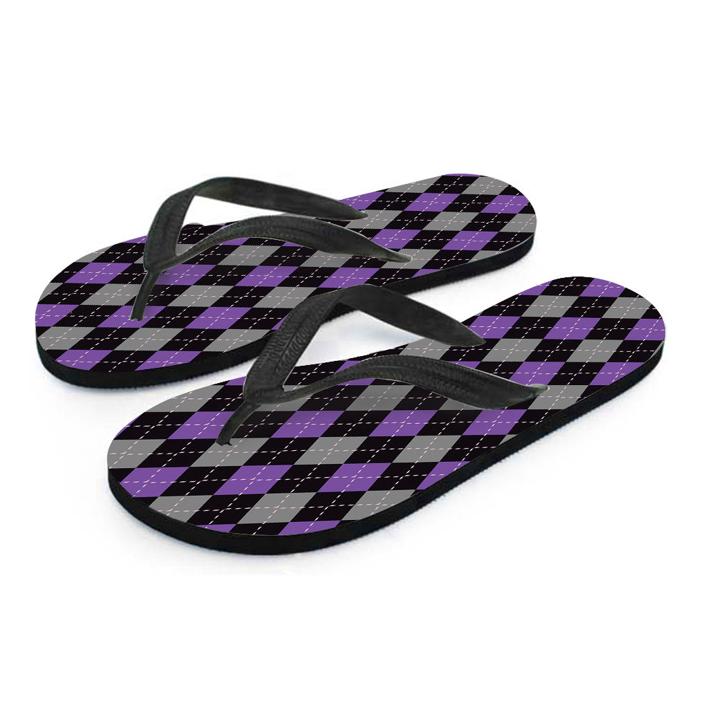 Black Grey And Purple Argyle Print Flip Flops