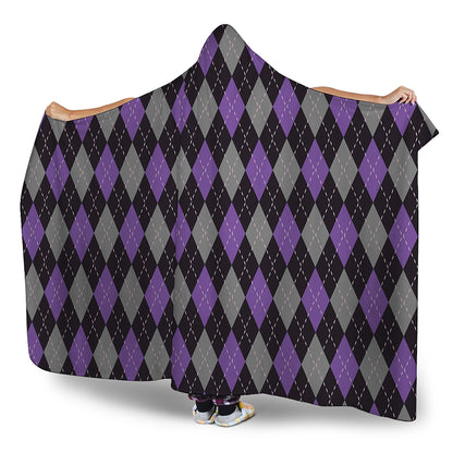 Black Grey And Purple Argyle Print Hooded Blanket
