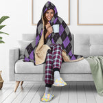 Black Grey And Purple Argyle Print Hooded Blanket