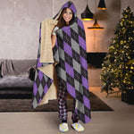 Black Grey And Purple Argyle Print Hooded Blanket