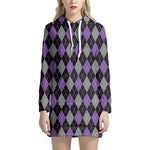 Black Grey And Purple Argyle Print Hoodie Dress