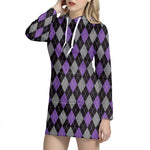 Black Grey And Purple Argyle Print Hoodie Dress