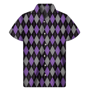 Black Grey And Purple Argyle Print Men's Short Sleeve Shirt