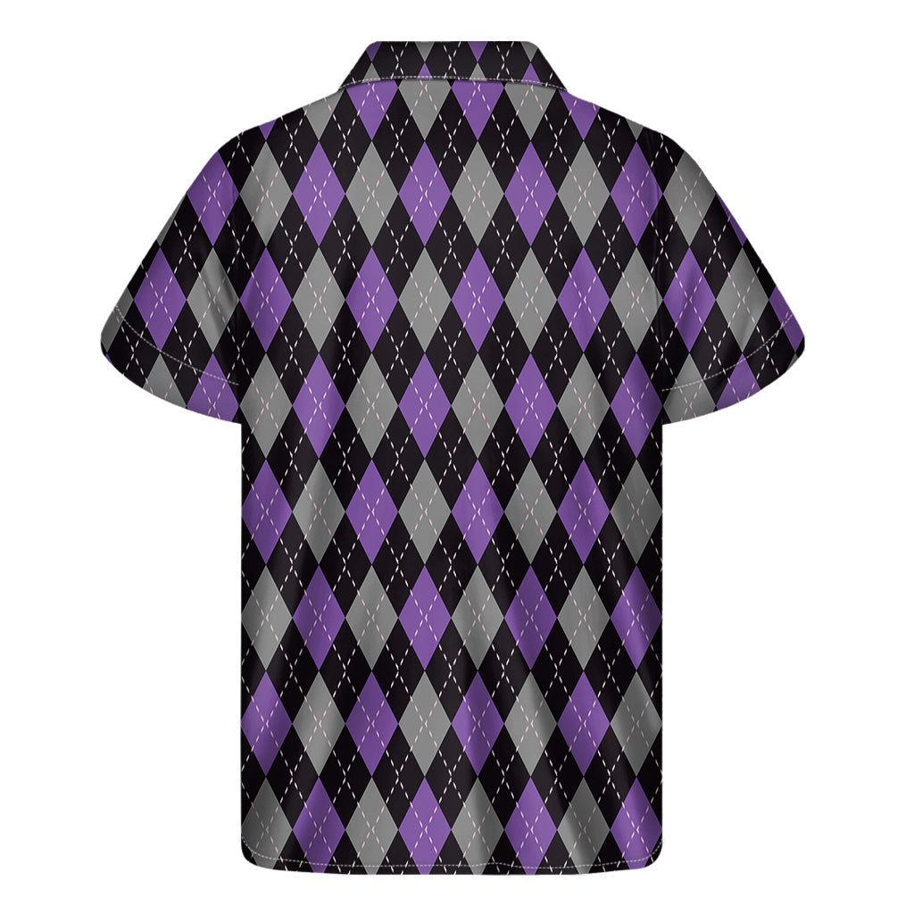 Black Grey And Purple Argyle Print Men's Short Sleeve Shirt