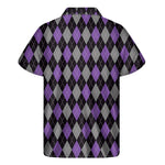 Black Grey And Purple Argyle Print Men's Short Sleeve Shirt