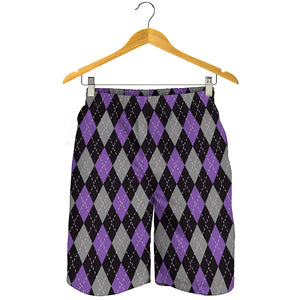 Black Grey And Purple Argyle Print Men's Shorts