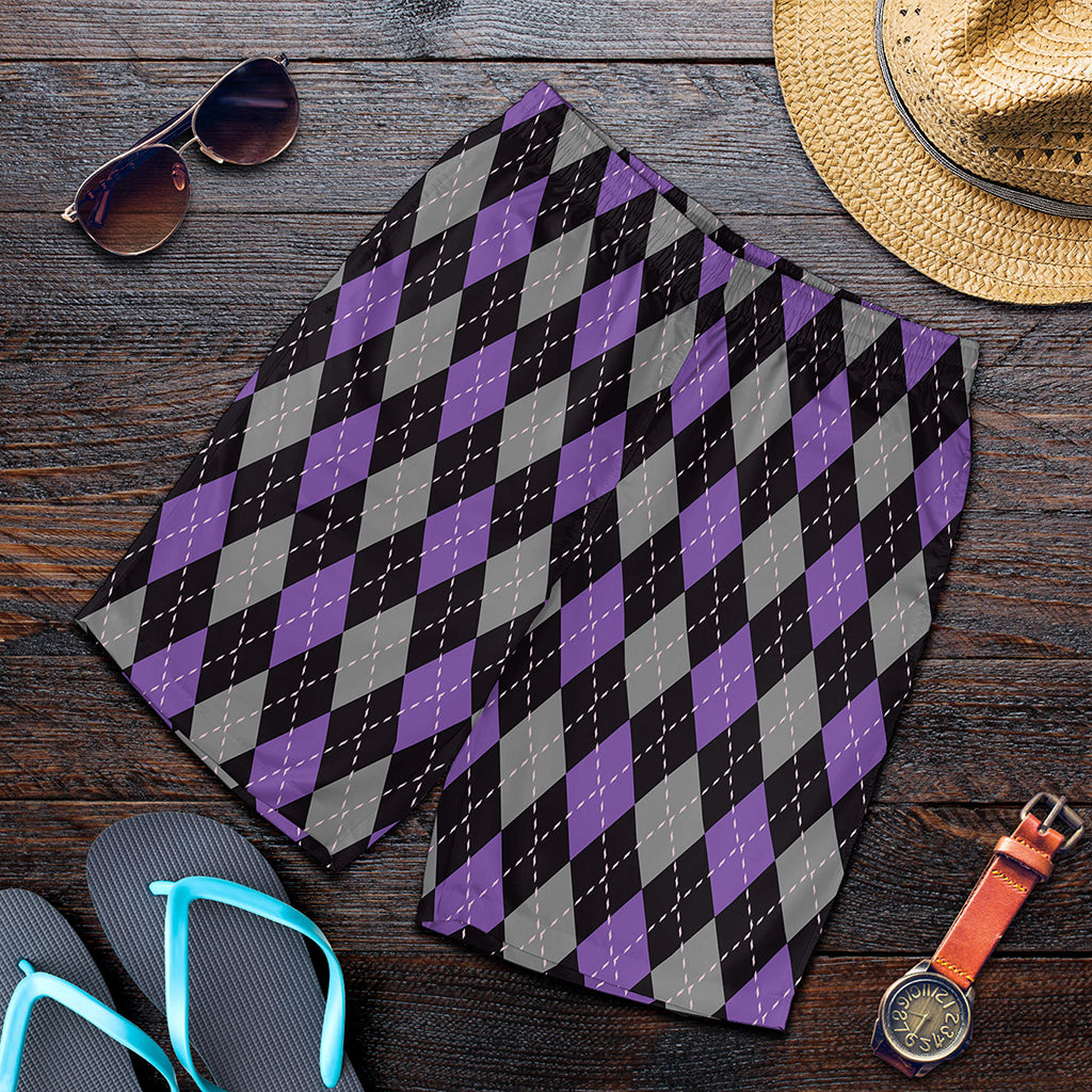 Black Grey And Purple Argyle Print Men's Shorts