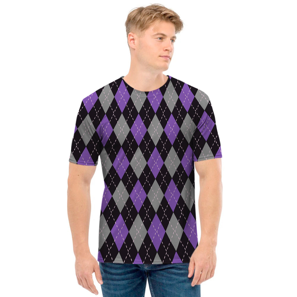 Black Grey And Purple Argyle Print Men's T-Shirt