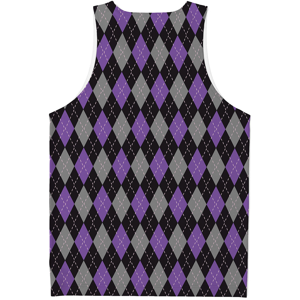 Black Grey And Purple Argyle Print Men's Tank Top