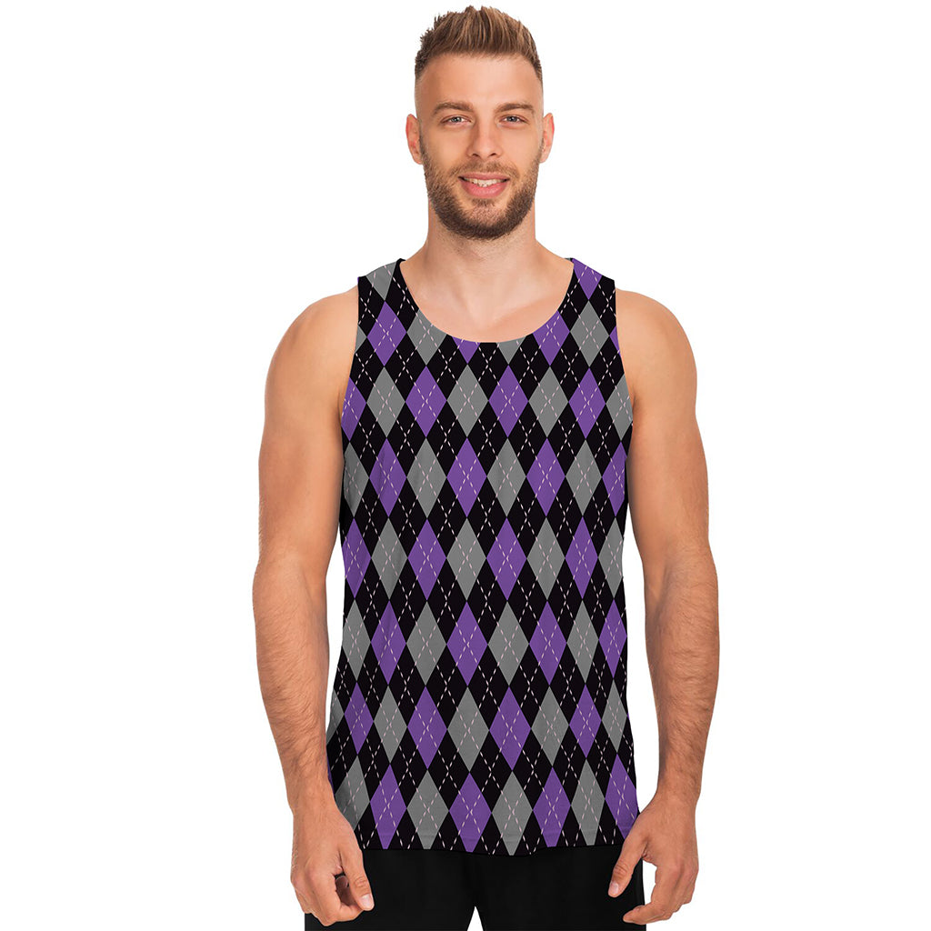 Black Grey And Purple Argyle Print Men's Tank Top