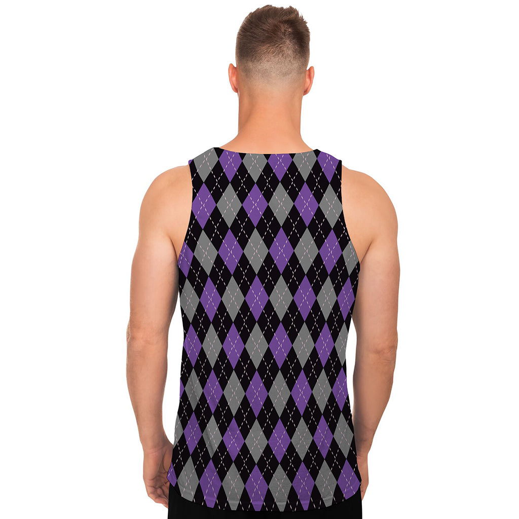 Black Grey And Purple Argyle Print Men's Tank Top