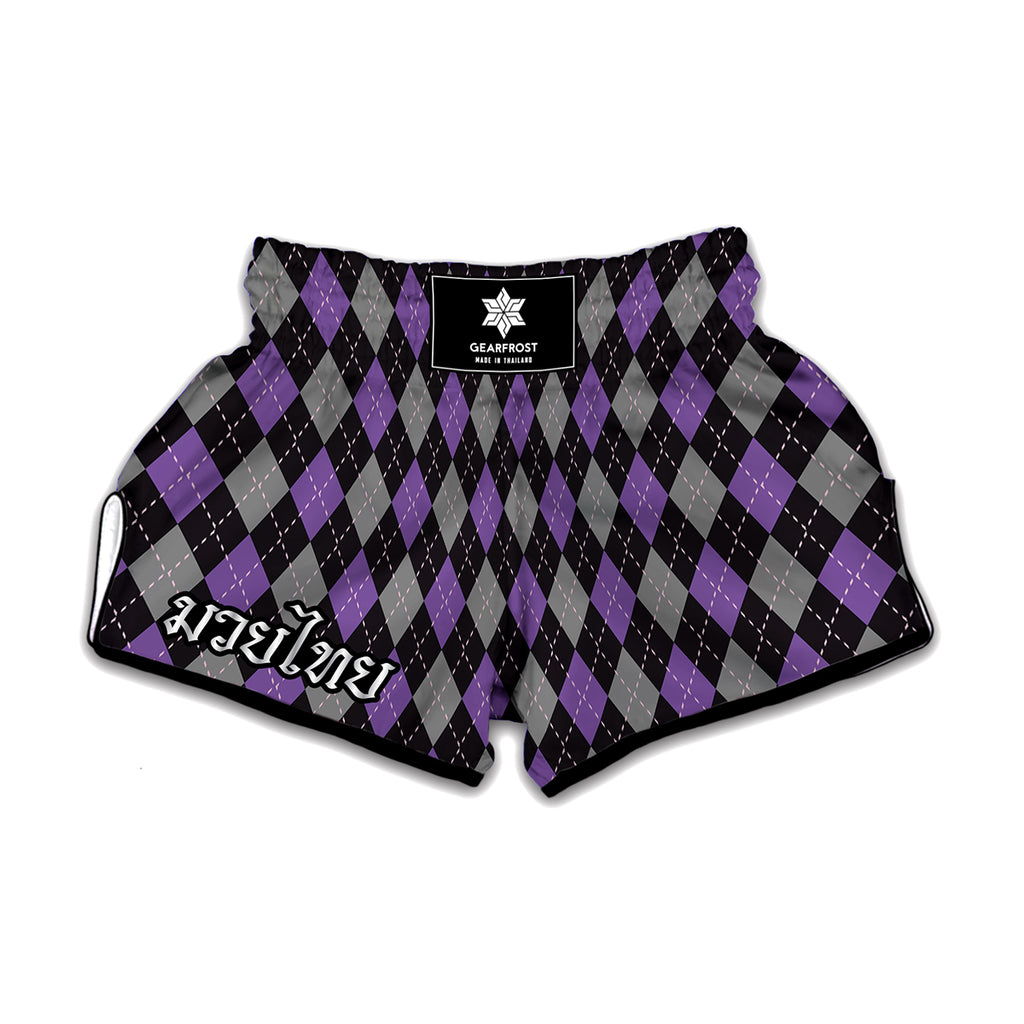 Black Grey And Purple Argyle Print Muay Thai Boxing Shorts