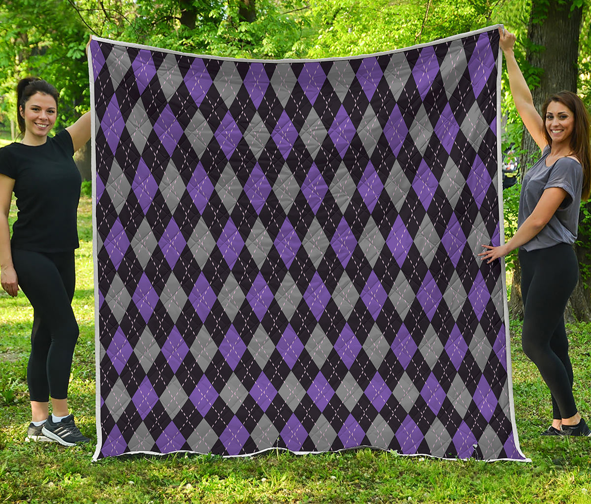 Black Grey And Purple Argyle Print Quilt