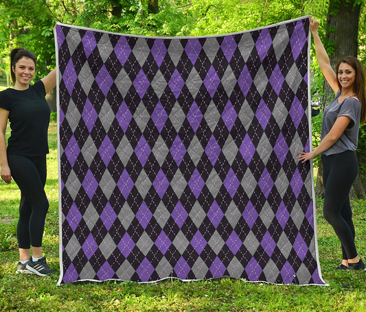 Black Grey And Purple Argyle Print Quilt