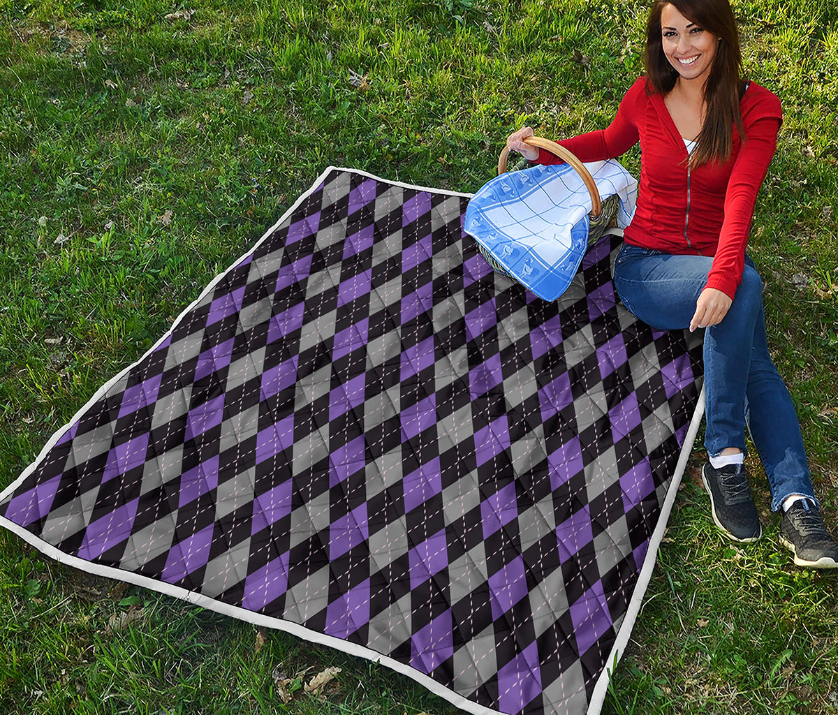 Black Grey And Purple Argyle Print Quilt