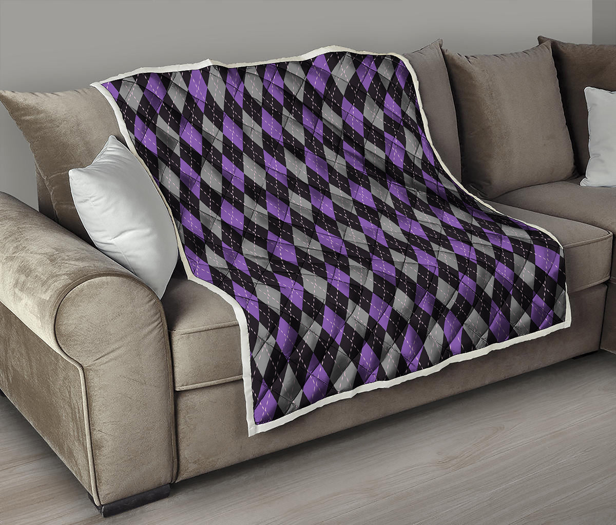 Black Grey And Purple Argyle Print Quilt