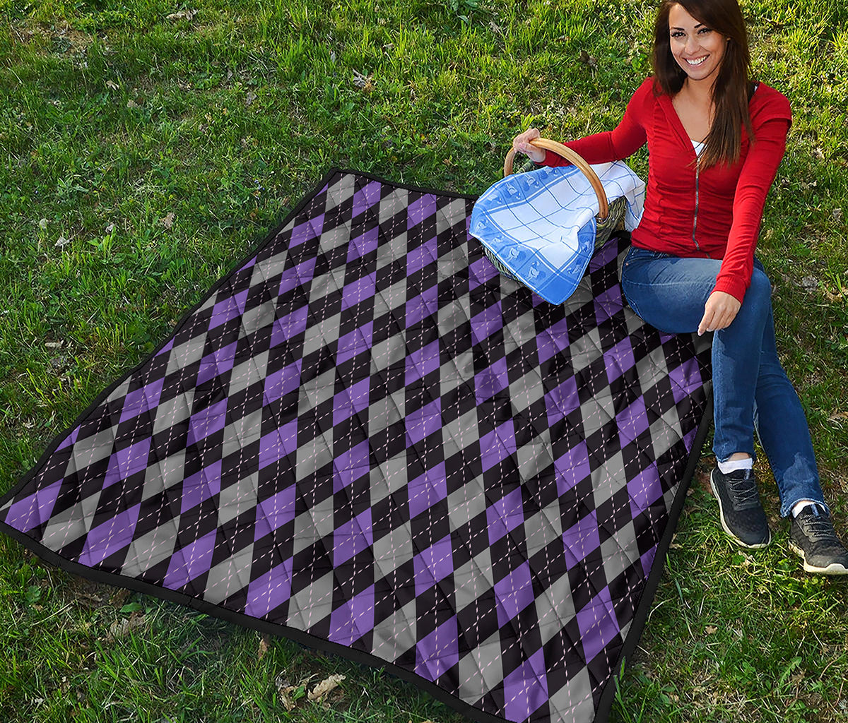 Black Grey And Purple Argyle Print Quilt
