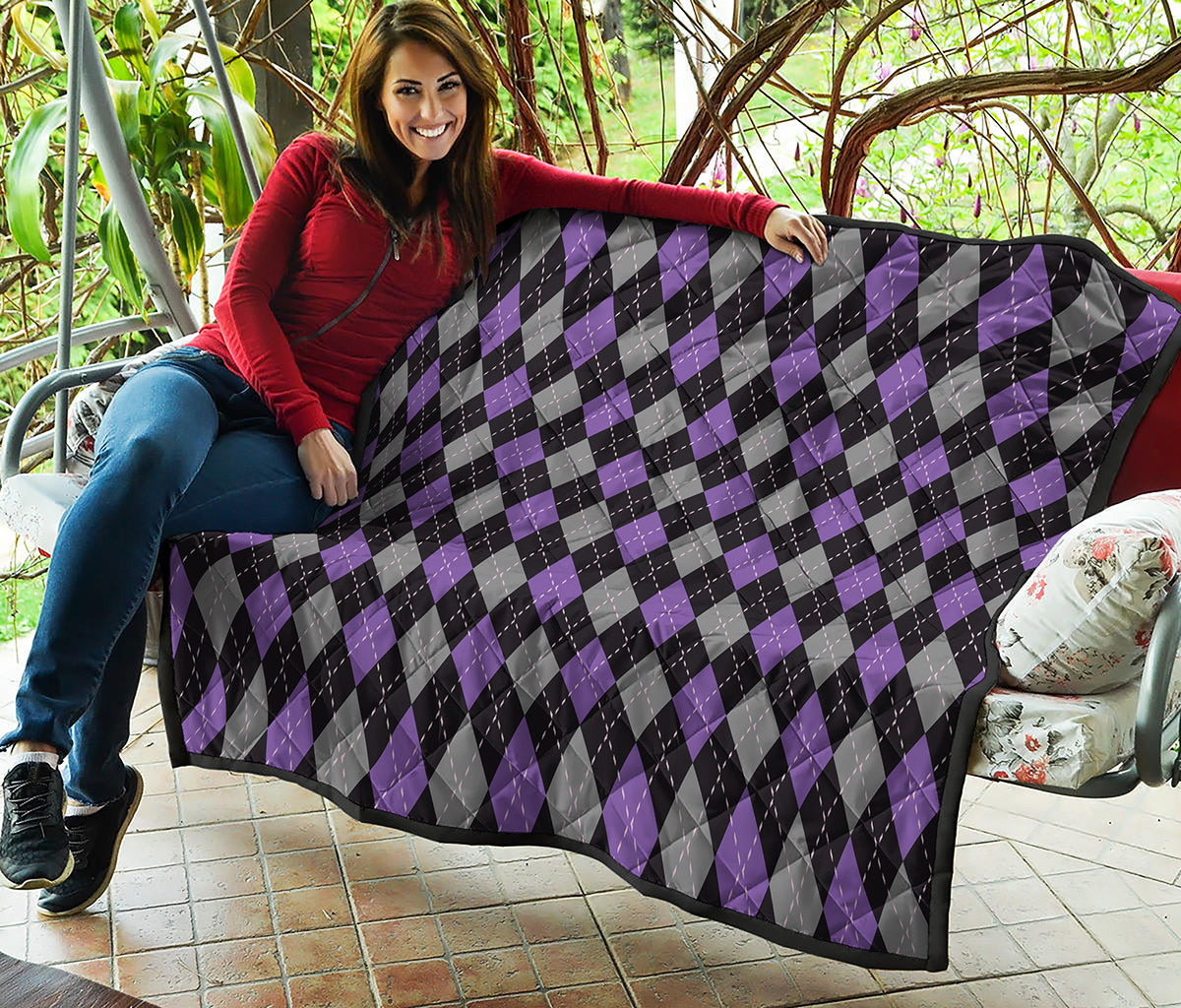 Black Grey And Purple Argyle Print Quilt