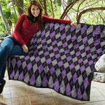 Black Grey And Purple Argyle Print Quilt