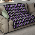 Black Grey And Purple Argyle Print Quilt