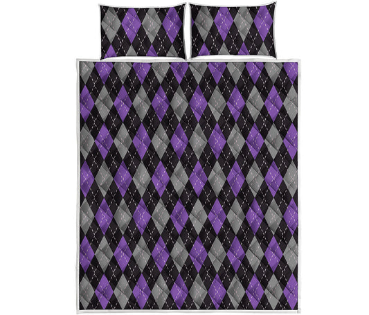 Black Grey And Purple Argyle Print Quilt Bed Set