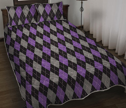 Black Grey And Purple Argyle Print Quilt Bed Set