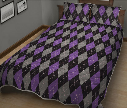Black Grey And Purple Argyle Print Quilt Bed Set