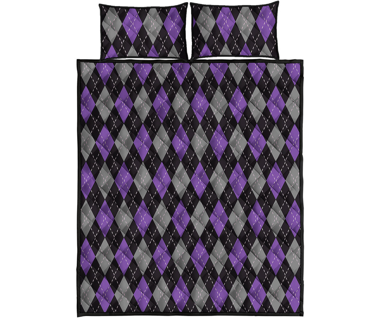Black Grey And Purple Argyle Print Quilt Bed Set