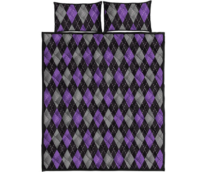 Black Grey And Purple Argyle Print Quilt Bed Set