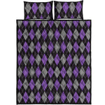 Black Grey And Purple Argyle Print Quilt Bed Set