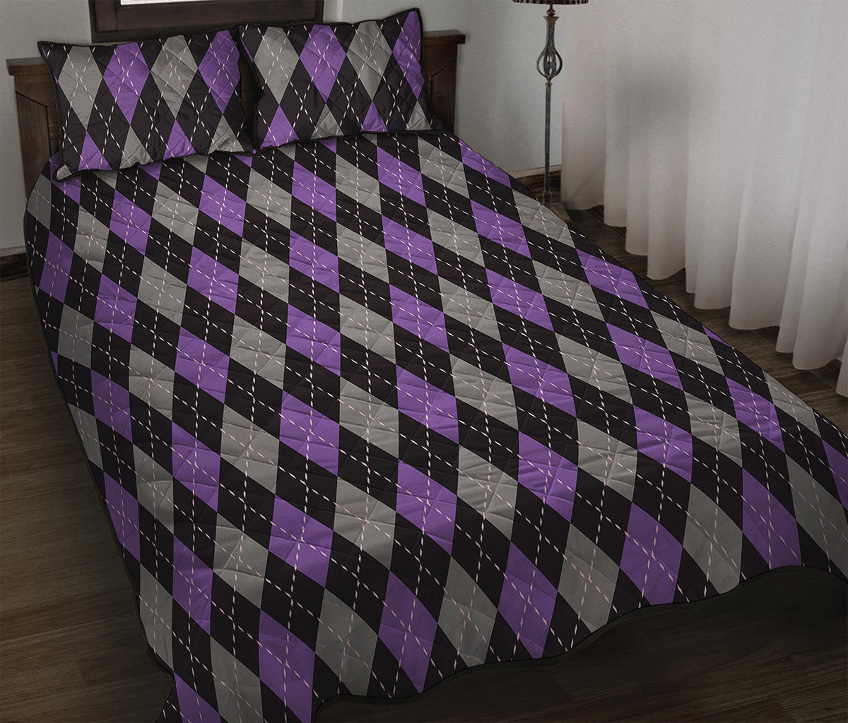 Black Grey And Purple Argyle Print Quilt Bed Set