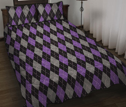 Black Grey And Purple Argyle Print Quilt Bed Set