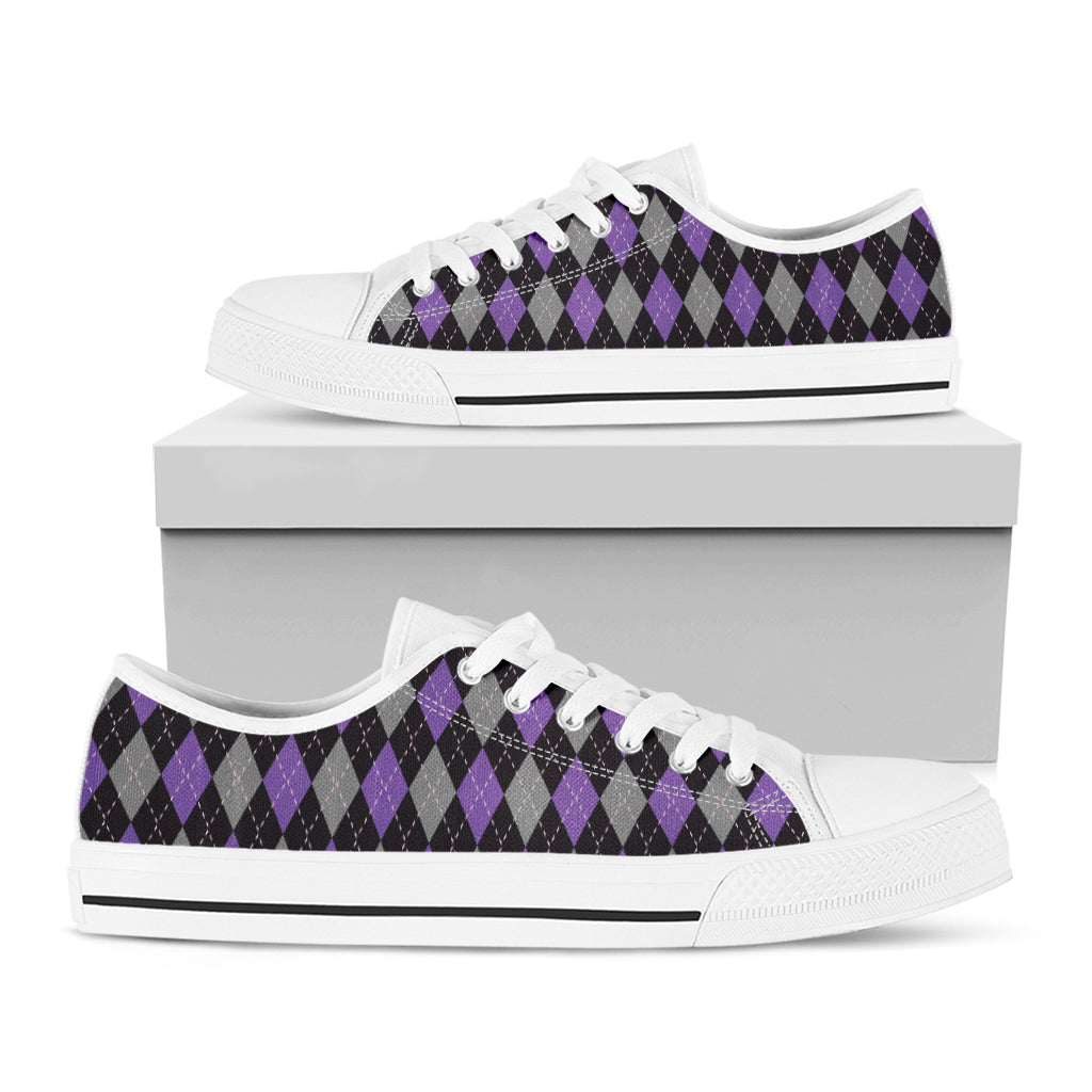 Black Grey And Purple Argyle Print White Low Top Shoes