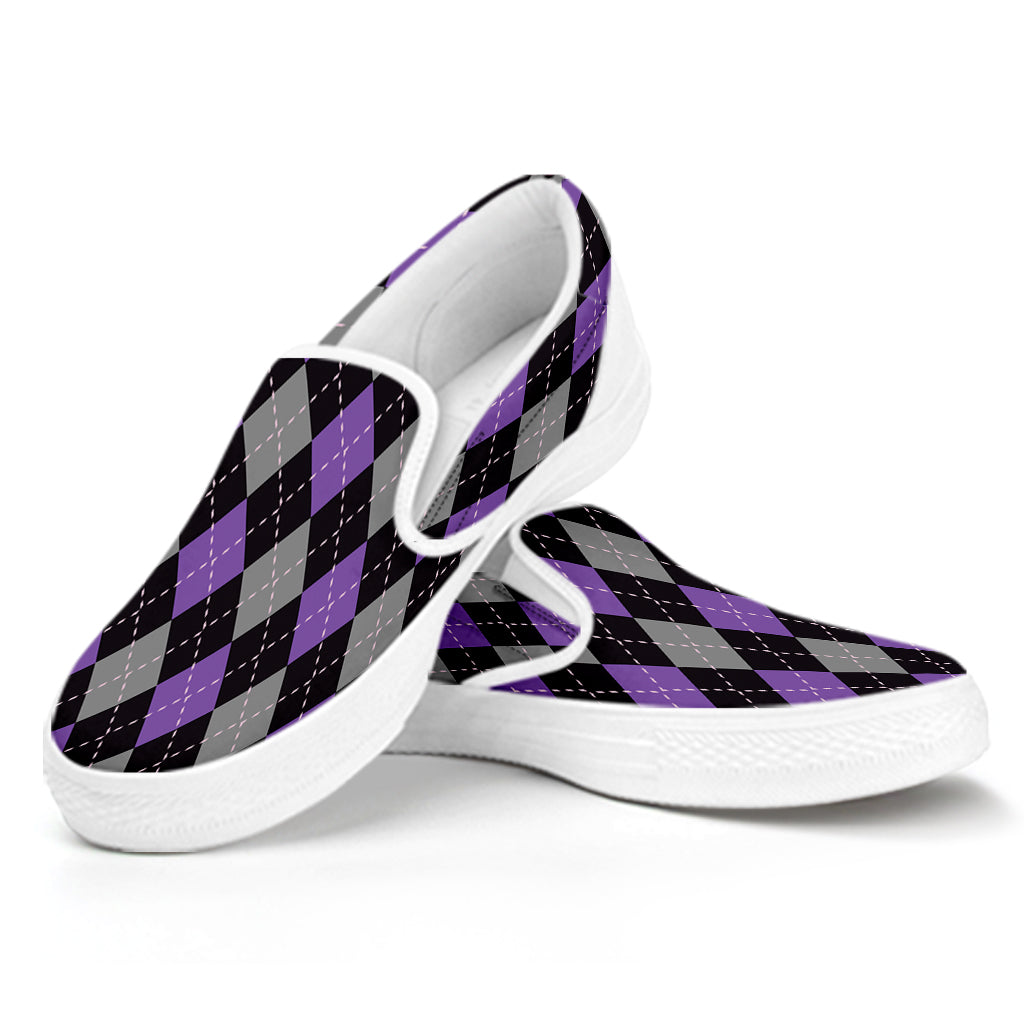 Black Grey And Purple Argyle Print White Slip On Shoes