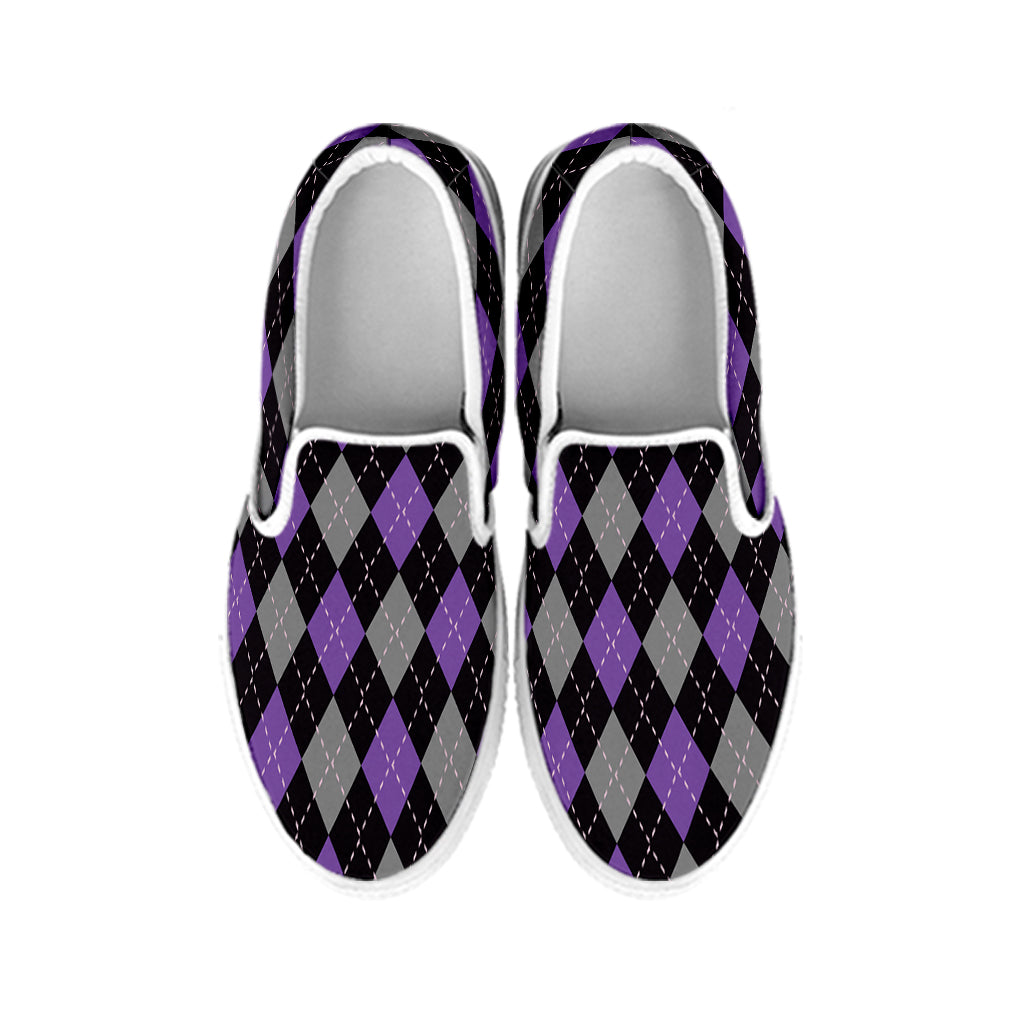 Black Grey And Purple Argyle Print White Slip On Shoes