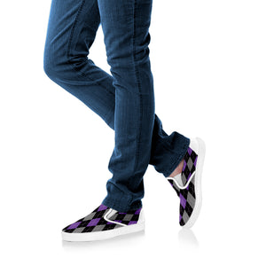 Black Grey And Purple Argyle Print White Slip On Shoes