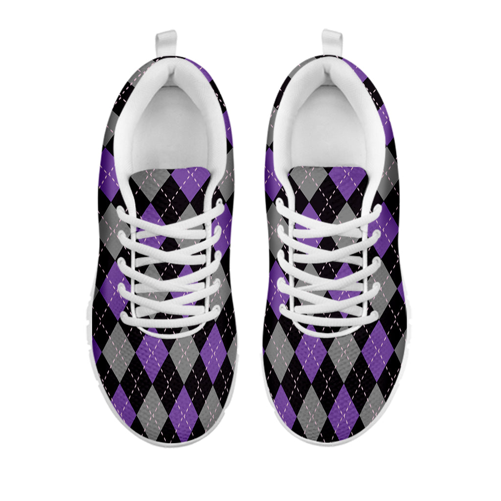 Black Grey And Purple Argyle Print White Sneakers