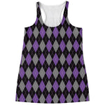 Black Grey And Purple Argyle Print Women's Racerback Tank Top