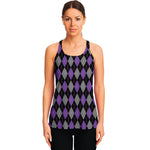 Black Grey And Purple Argyle Print Women's Racerback Tank Top