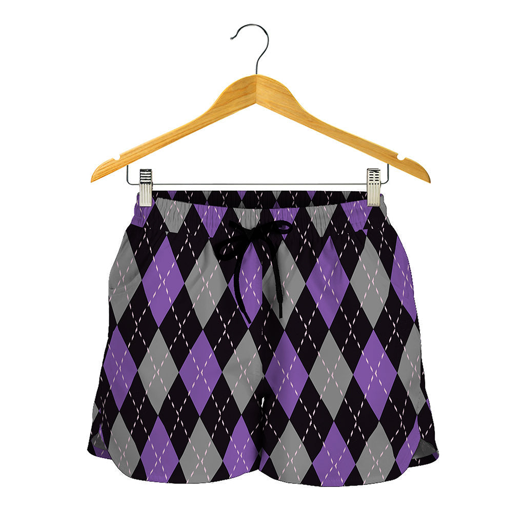 Black Grey And Purple Argyle Print Women's Shorts