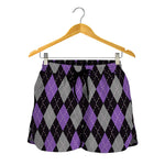 Black Grey And Purple Argyle Print Women's Shorts