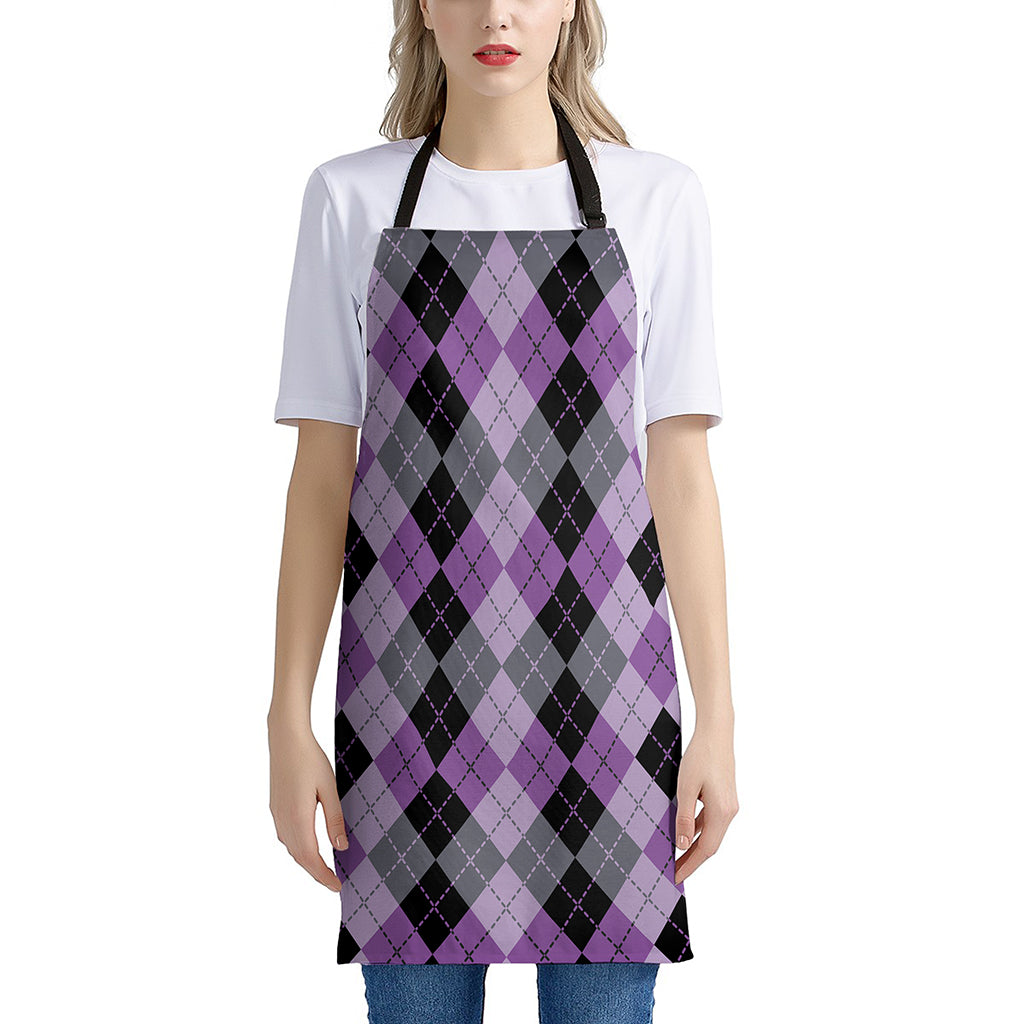 Black Grey And Violet Argyle Print Apron