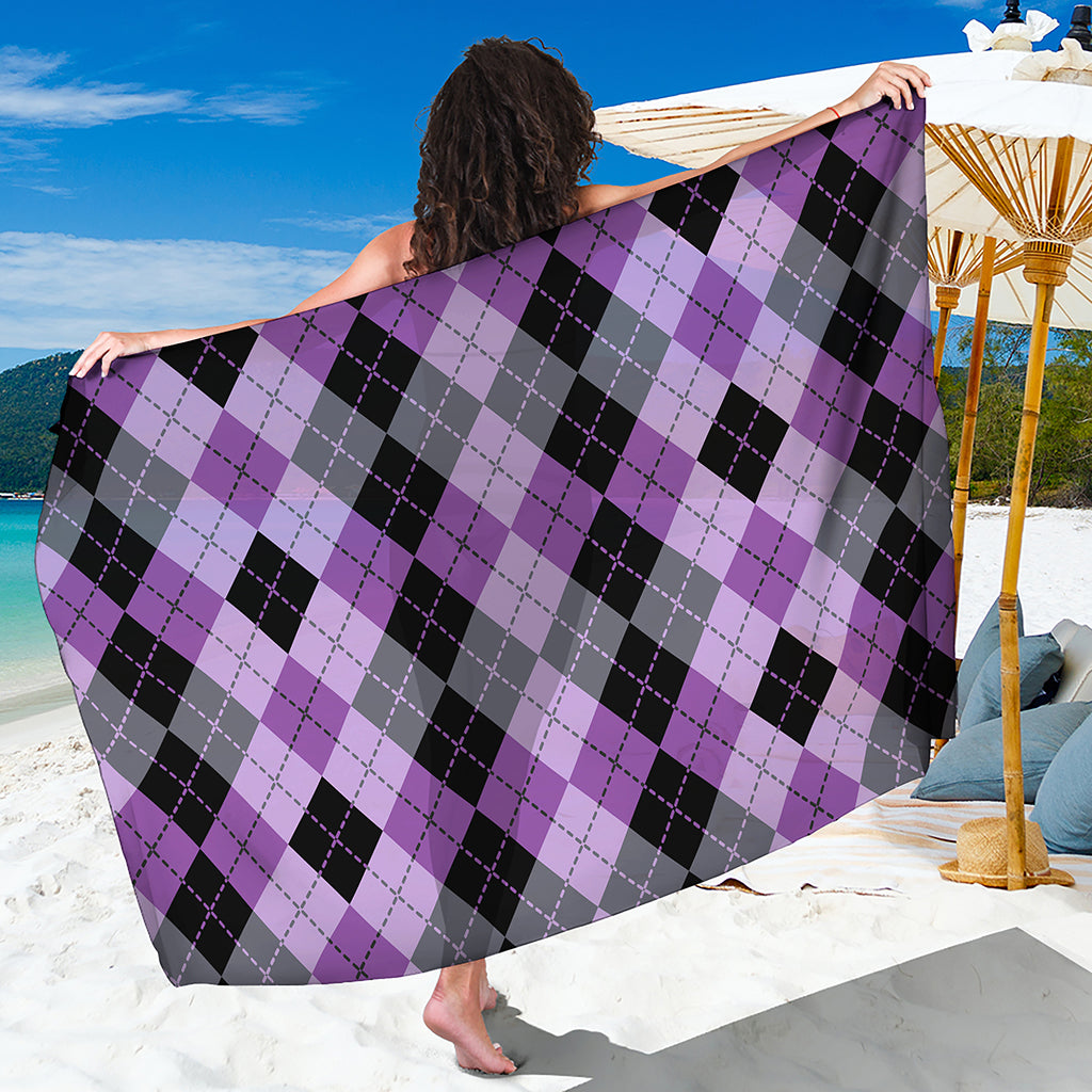 Black Grey And Violet Argyle Print Beach Sarong Wrap