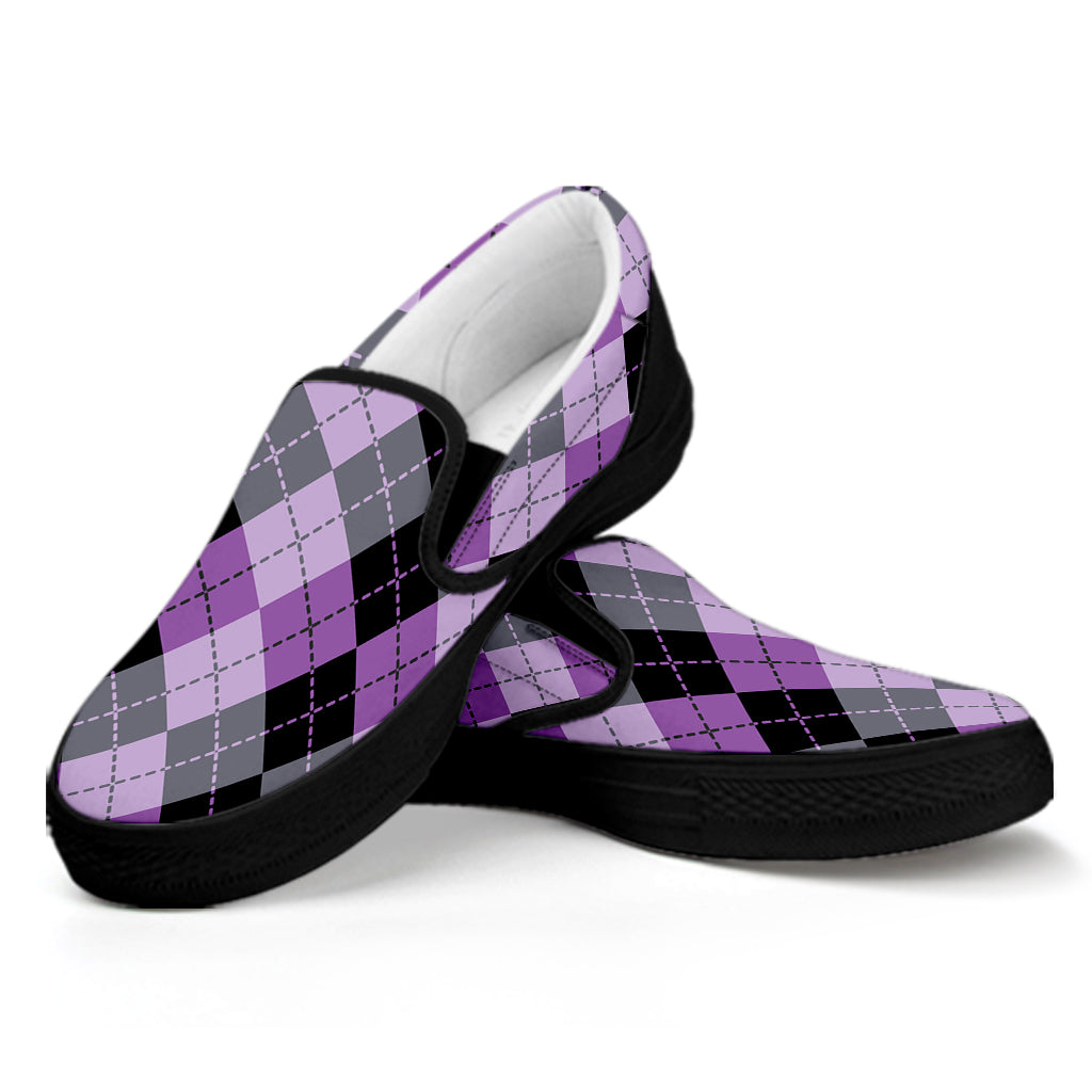 Black Grey And Violet Argyle Print Black Slip On Shoes