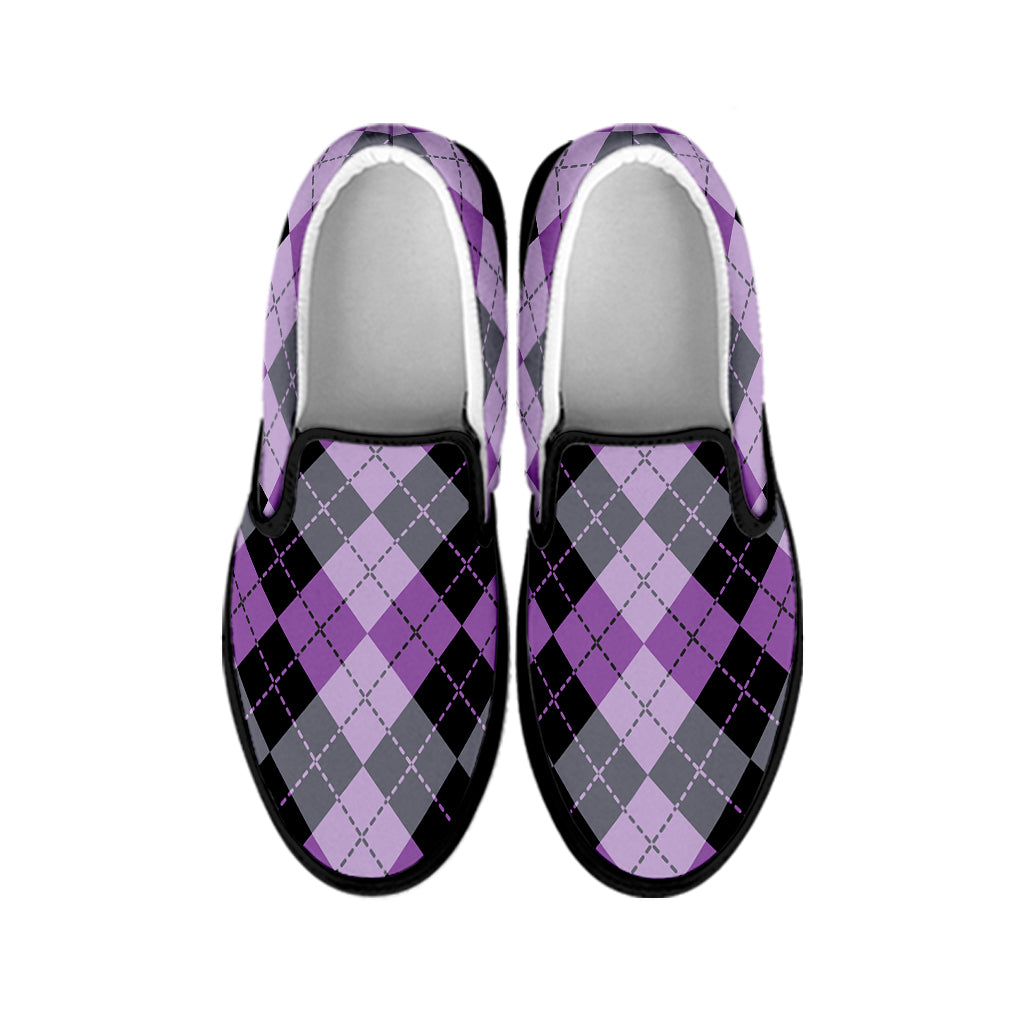 Black Grey And Violet Argyle Print Black Slip On Shoes