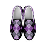 Black Grey And Violet Argyle Print Black Slip On Shoes