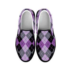 Black Grey And Violet Argyle Print Black Slip On Shoes