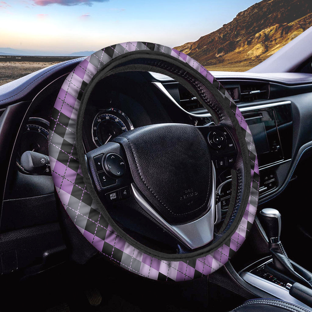 Black Grey And Violet Argyle Print Car Steering Wheel Cover