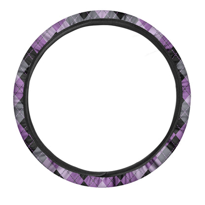 Black Grey And Violet Argyle Print Car Steering Wheel Cover